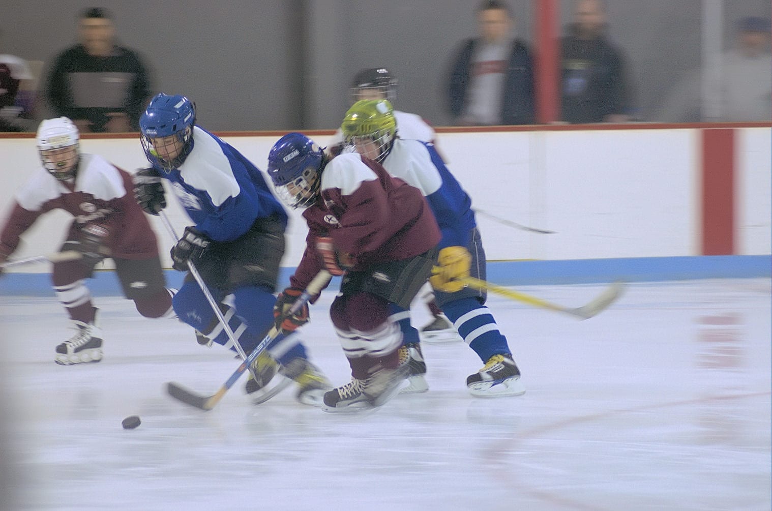 two hockey forwards going for puck